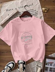 Pink Mountain T-Shirt With "GOLDEN WEST" Text,  Short-Sleeved T-Shirt For Spring And Summer 2026, Made In Mexico, 180 Grams. Cartoon Print, Couple Design, Suitable For Indoor Or Outdoor Wear. Crew Neck, Unisex, Ideal For Office And Leisure. One-Pack. - PK-P631577SLNDXZGY646 - 查看 4