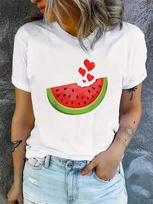 Women's Round Neck T-Shirt With A Watermelon Print, Casual And Elegant, Comfortable Fit, Suitable For All Seasons, Machine Washable. Perfect For Elegant Parties, Stylish Ladies, And Curvy Women. Pairs Well With Prom Skirts Or Casual Wear. Features An Adorable Animal Print, A Fun Letter Print, And Streetwear Style. - 白色 - 查看 2