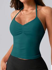 NcmRyu 1pc Women's Solid Color Adjustable Spaghetti Strap V-Neck Ruched Open Back Sports Tank Top - Army Green - View 3