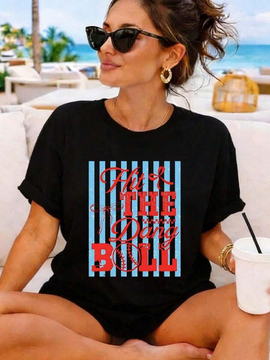 Camiseta Casual de Algodón para Mujer, Camiseta de Manga Corta de Verano con Divertido Estampado de Béisbol y Diseño de Lazo, Tela Suave y Transpirable para Uso Diario - Negro - Ver 1