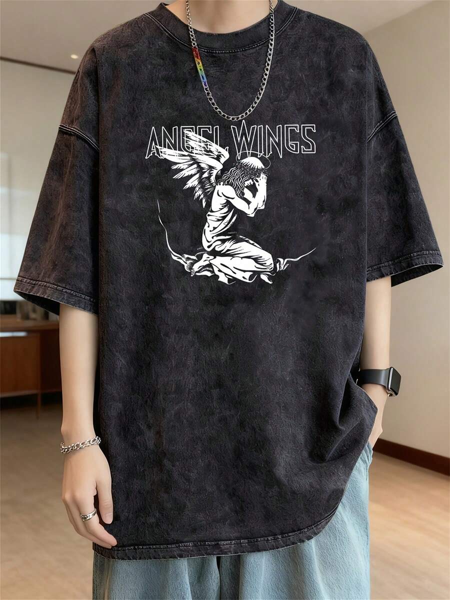 Men's Short-Sleeved T-Shirt, Made Of High-Grammage Pure Cotton, Washed, Vintage Style, With Fashionable Brand Print, New Summer Model, Black, Casual, Sporty, For Outdoor Activities, Breathable, Loose Fit. - 白色 - 查看 1