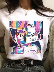 Camiseta con estampado gráfico, top casual de manga corta y cuello redondo para verano y primavera, ropa de mujer - Blanco - Ver 7