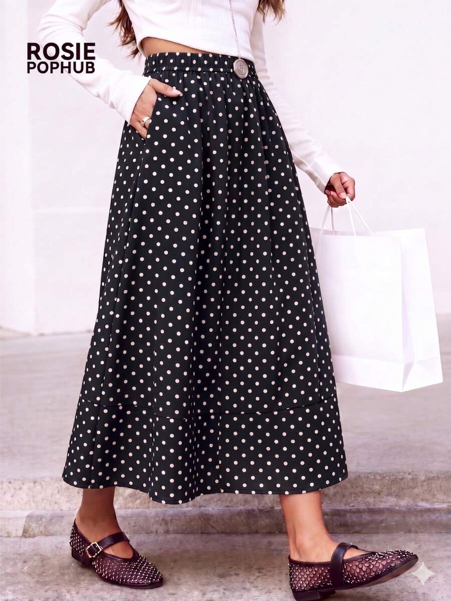 ROSIE POPHUB Chân váy maxi chữ A thanh lịch, cạp chun chấm bi đen trắng dành cho nữ, chân váy dài xòe thoải mái có túi, trang phục kín đáo cho mùa hè hàng ngày, công sở và trường học.