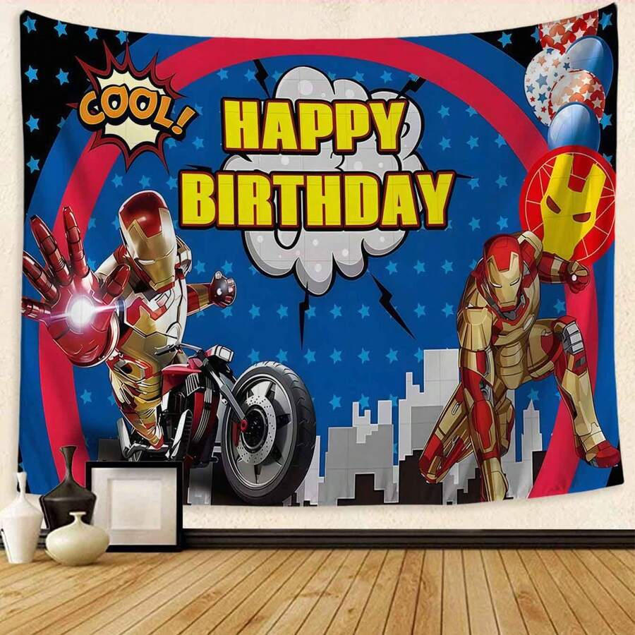 1pc Avengers Birthday Tapestry, I-Ron Man Motorcycle Graphic With Happy Birthday Cool Comic Style Text, Superhero Themed Party Backdrop, Vibrant Wall Hanging For Party Decor, Photo Booth Props, Home Celebration Decoration, Epic Pop Culture Event Supply - 查看 1