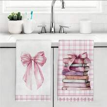 2 pièces/set Serviettes de cuisine à motif nœud papillon et livre à carreaux roses, 40*60cm en microfibre douce, convient pour la maison, la cuisine, le restaurant, le camping extérieur, le nettoyage de table, le séchage de la vaisselle, les cadeaux - Multicolore - Voir 6