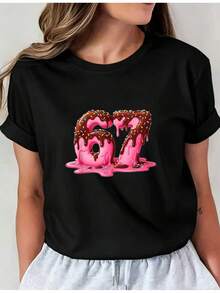 Women's Casual Sports T-Shirt In Black With Pink Chocolate Icing Number Design - Elastic Round Neck T-Shirt, Machine Washable, Comfortable Fit For All Seasons, For Daily Wear And Casual Activities. - 黑色 - 查看 1