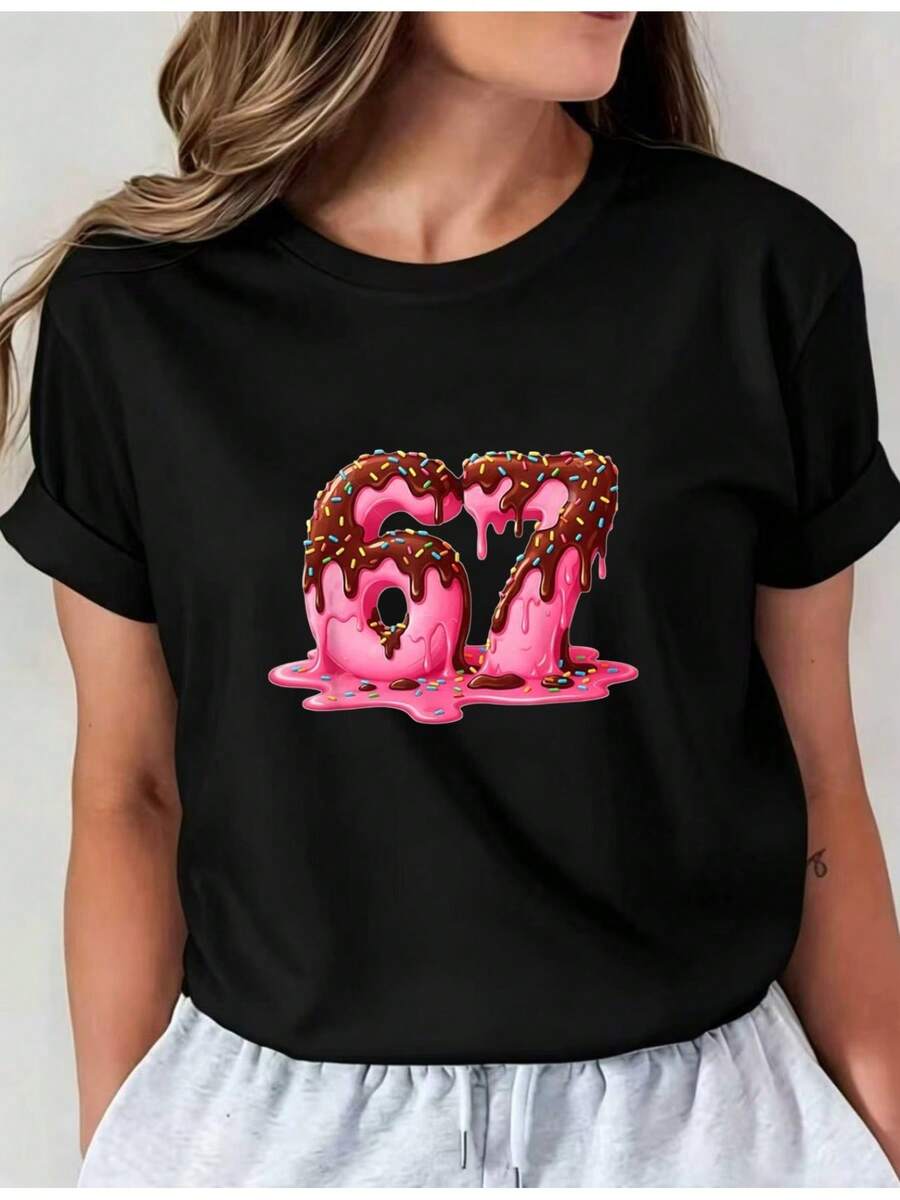Women's Casual Sports T-Shirt In Black With Pink Chocolate Icing Number Design - Elastic Round Neck T-Shirt, Machine Washable, Comfortable Fit For All Seasons, For Daily Wear And Casual Activities. - 黑色 - 查看 1