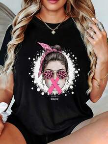 Women's T-Shirt In Support Of Breast Cancer Prevention - White Round Neck T-Shirt With A Pink Ribbon Design, Floral Border And An Elegant Feminine Illustration, A Soft Summer Blouse, A Fashionable Gift To Promote And Support Breast Cancer Awareness. - 白色 - 查看 7