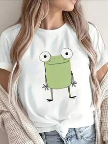 This Lightweight And Durable Short-Sleeved T-Shirt, Featuring A Cute Frog Design, Is Perfect For Home, Work, Or Casual Dinners And Outings, Offering A Comfortable Everyday Wearing Experience With A Variety Of Styles Available. - 白色 - 查看 6