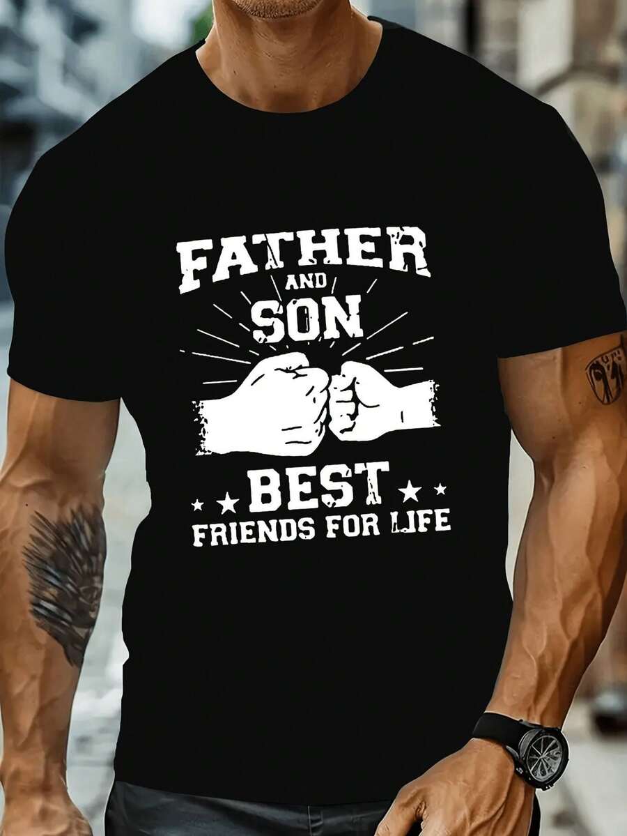 La nueva camiseta de verano para hombre presenta un diseño de dos puños apretados juntos, simbolizando la amistad eterna entre padre e hijo, reflejando el profundo vínculo entre padre e hijo. Camiseta de manga corta con cuello redondo para hombre. - Negro - Ver 1