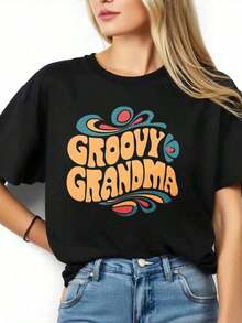 Women's Retro Style Graphic T-Shirt "Groovy Grandma", Fun Vintage Inspired Tee, Perfect For Casual Wear And Family Gatherings - Vintage Urban Style, Unisex, Cotton, Short Sleeve, Crew Neck, 100% Cotton - 黑色 - 查看 3