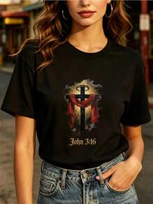 Women's Casual Blouse, Simple Style, Daily Wear, Modern Top, Christian T-Shirt John 3:16, Easter Gift - Soft T-Shirt Suitable For Family Events, Church And Corporate Meetings - Unisex Inspirational Cross Design - Ideal For Spring Celebrations And Group Outings. - 黑色 - 查看 7
