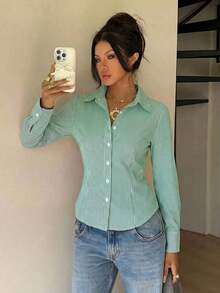 Camisa de manga larga de ajuste ceñido con cintura anudada a rayas rosa, blusa a rayas amarilla para mujer, nueva colección de otoño - Gris - Ver 6