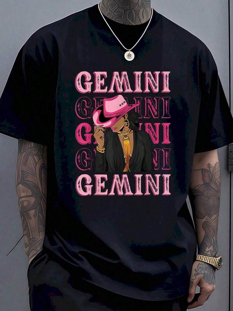 Camiseta con el Signo Zodiacal Géminis, Diseño de Sombrero Rosa y Cadena Dorada para Hombres y Mujeres, Ropa Urbana Unisex, Regalo de Moda para Fiesta de Cumpleaños de Géminis, para Amantes de la Astrología - Negro - Ver 1