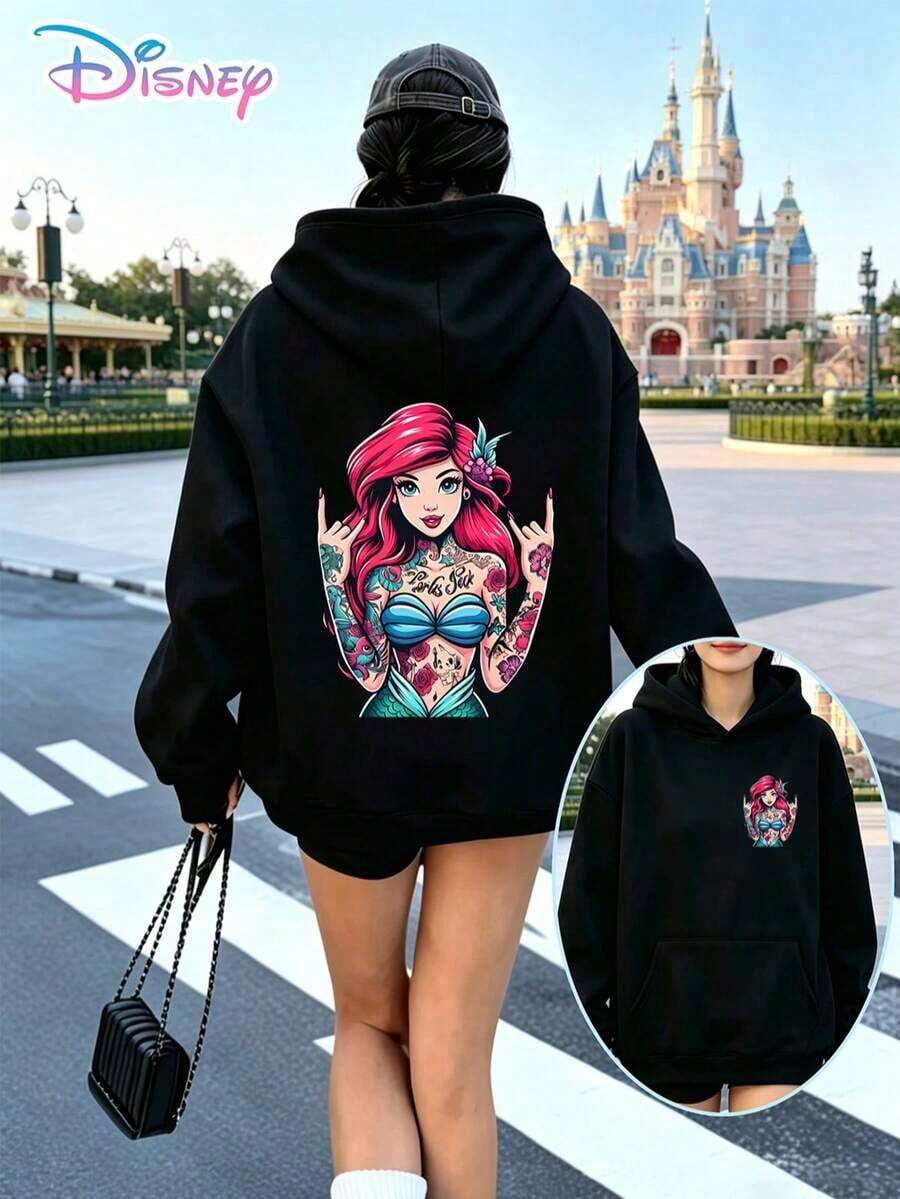 Disney Y2K Pattern Hoodie, Double-Sided Tattoo Style Ariel Print Hooded Top, Fun Print, Loose Fit, Casual And Versatile, Perfect For Holiday Gifts (Women's Autumn/Winter Clothing/Elegant Women's Outfits/Patterned Hoodies/Printed Tops/Casual Outfits For Women/Women Trending Now/Holiday Co-Ord/Plus Size Friendly) - màu đen - Xem 1