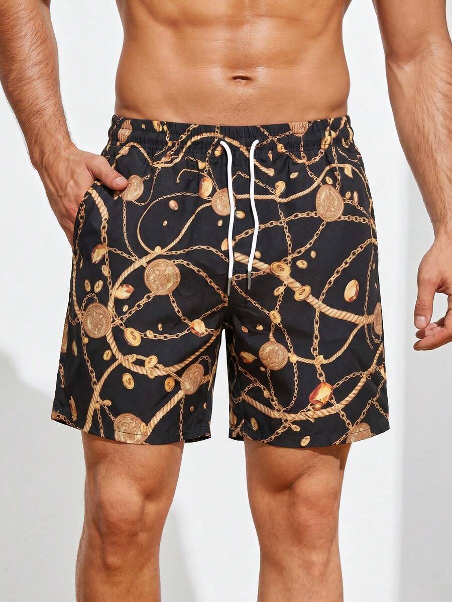 1 Stück Herren Shorts mit schwarzem Hintergrund und goldenem Münzketten-Muster, vintage barocke Elemente, leicht und atmungsaktiv, Pool- & Strandparty Essentiell, lässige Shorts für den Sommer - Schwarz - Übersicht 1