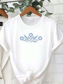 Camisa de algodón puro de 180g estilo vintage Corningware azul acianillo, camiseta azul acianillo para mamá, regalos de Pyrex con estampado de flores azules vintage para mamá, top casual elástico para uso diario, estampado elegante y versátil, cuello redondo, manga corta, gráfico unisex, cómodo para mujer, ropa de diseñador, ropa urbana, transpirable y cómoda. - Blanco - Ver 6