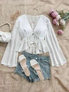 Blusa informal de unicolor con mangas acampanadas para mujer - Blanco - Ver 4