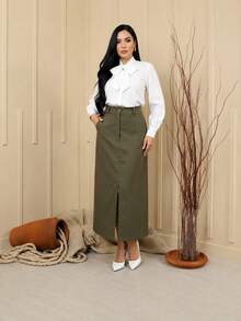 ELEGANT TAILORED LONG SKIRT - Verde militar - View 2