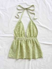 Blusa casual sin mangas con cuello en V, nudo en el frente y espalda abierta, de tela texturizada en color rojo - Verde - Ver 2