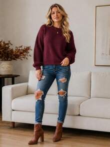 Women's Blouse Puff Sleeve Thick Round Neck Winter Knit - Red - View 1