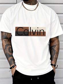 Color Block Pattern Men's Casual Short Sleeved Calvin Letter T-Shirt - Men's Fashion Street Style Adults Casual Wear - 白色 - 查看 2