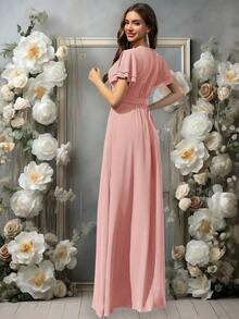 Vestido de dama de honor de gasa con volantes y mangas cortas con volantes, cuello de barco, estilo elegante para boda, color eucalipto - Rosa vieja - Ver 2