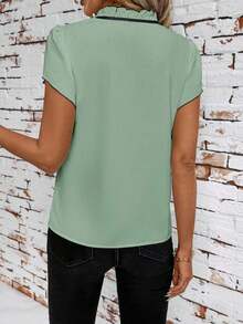 Camisa de mujer de manga corta, con lazo, volantes, a cuadros, elegante y casual para vacaciones y picnic, primavera/verano - verde menta - Ver 2