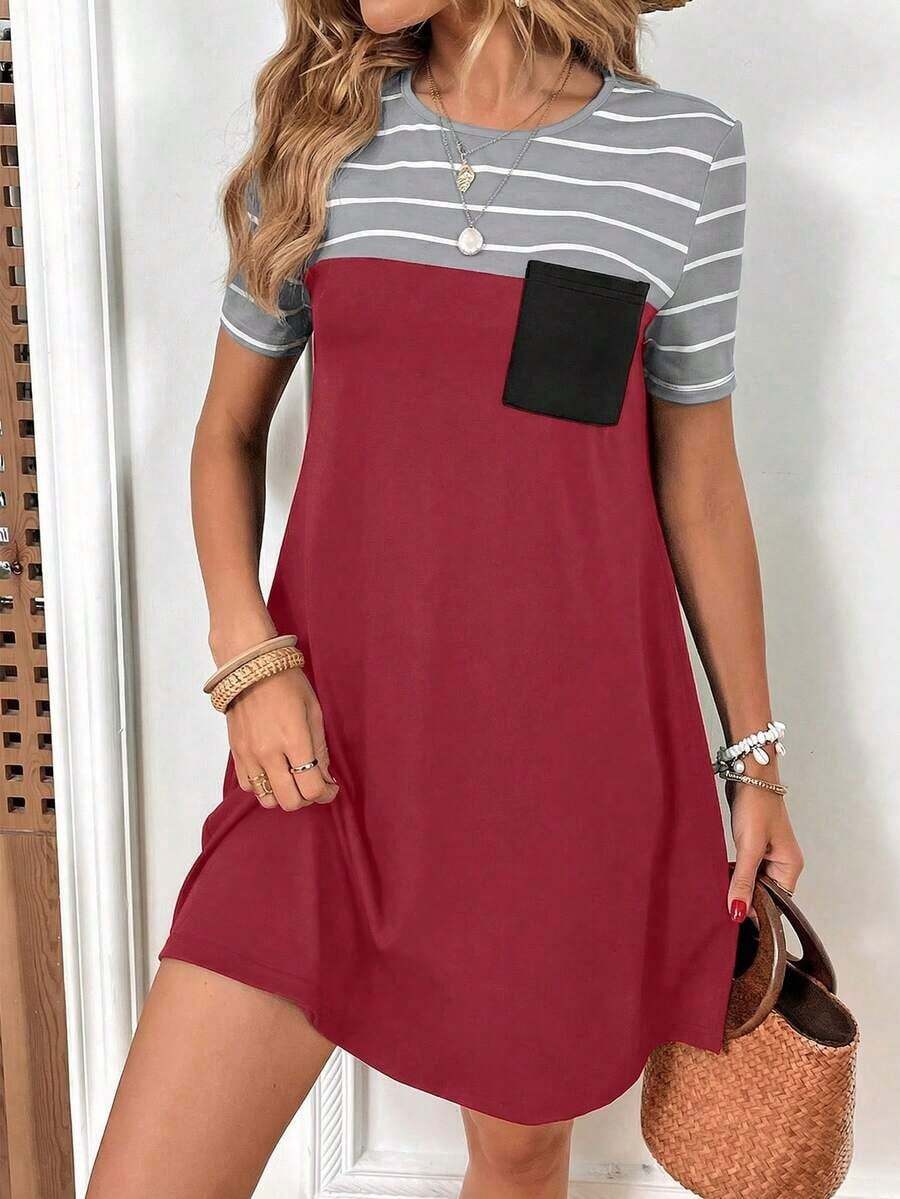 Vestido estilo camiseta con estampado de rayas con parche de bolsillo - Rojo - Ver 1
