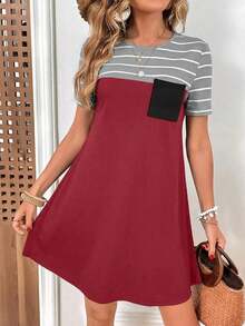 Vestido estilo camiseta con estampado de rayas con parche de bolsillo - Rojo - Ver 6