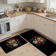 1pc Skull Pattern Printed Linen Kitchen Rug, Bathroom Mat, Doormat, 3D Printed Rectangle Carpet For Living Room, Bedroom, Hallway, Bathroom, Laundry Room - Polyester Rug For Indoor And Outdoor Home Decor - Multicolor - View 2