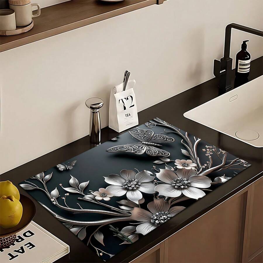 1pc Floral Pattern Absorbent Dish Drying Mat, Drip Mat For Espresso Machine, Sink Drain Mat, Faucet Pad, Bathroom Cup Mat, Kitchen & Bathroom Accessories - Multicolor - View 1