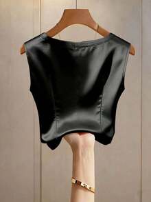 Chaleco de mujer sin mangas de color rosa melocotón, con escote asimétrico, elegante, de punto de satén de alta gama, con decoración de botón metálico y abertura en el bajo - Negro - Ver 2