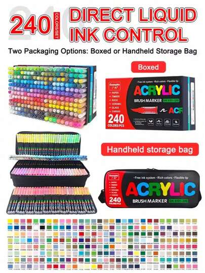 Bút vẽ acrylic 240 màu, bút dạ đầu cọ, quà tặng Giáng sinh, đồ thủ công tự làm, thích hợp vẽ trên đá, gỗ, vải bố, đá, đồ dùng học tập cho học sinh, văn phòng phẩm, giải thưởng mùa tựu trường.
