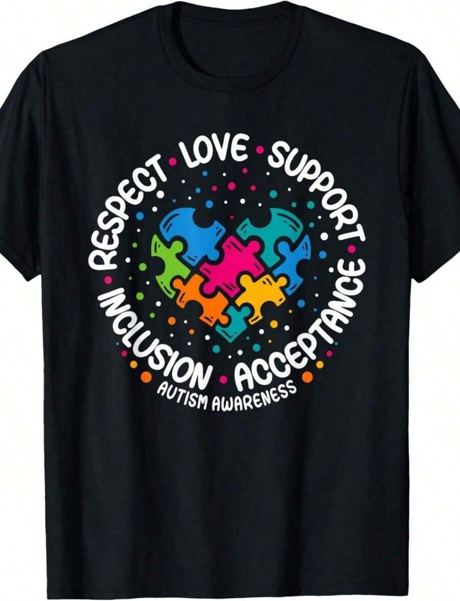 1 Autism Awareness T-Shirt, "Accept, Understand, Love" T-Shirt, Autism Heart Sweatshirt, Puzzle Piece Design T-Shirt, Gift For Teachers, Hoodie For Special Education Teachers, Gift For Mom. Casual Fabric 180g 100% Cotton - 黑色 7 - 查看 1