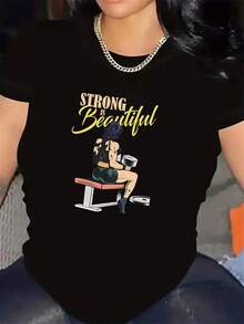 Camiseta de Gimnasio para Mujer en Blanco y - Fuerte es Hermoso Top Motivacional con Gráfico Levantamiento Pesas, Poliéster Ligero Cuello Redondo Duradera & Cómoda Para Hogar Gym Estudio Fitness Uso Casual Ropadeportiva Empoderadora - Negro - Ver 1