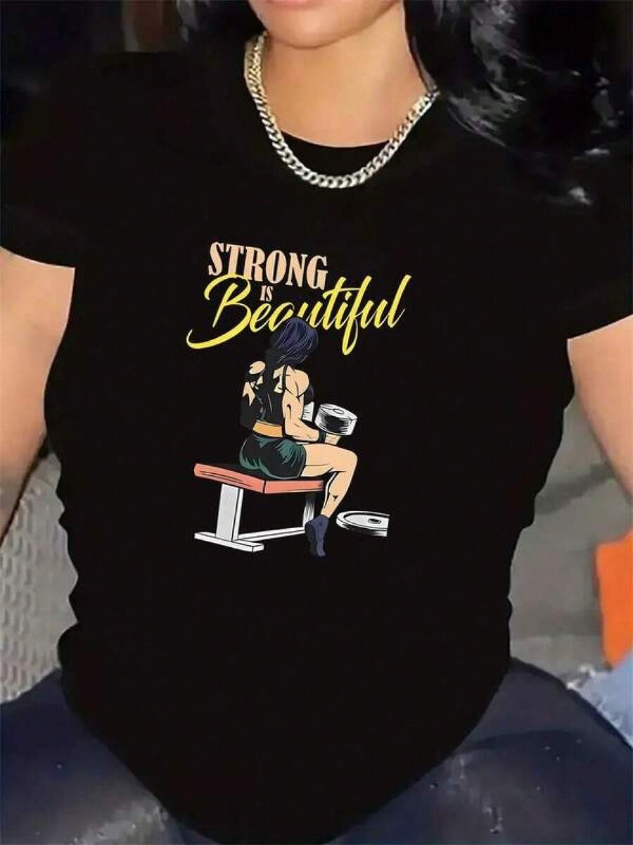 Camiseta de Gimnasio para Mujer en Blanco y - Fuerte es Hermoso Top Motivacional con Gráfico Levantamiento Pesas, Poliéster Ligero Cuello Redondo Duradera & Cómoda Para Hogar Gym Estudio Fitness Uso Casual Ropadeportiva Empoderadora - Negro - Ver 1