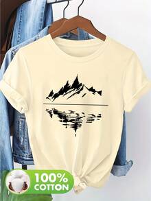 Women's 100% Cotton Short Sleeve T-Shirt With Subtle Outdoor-Themed Patches - Casual Spring And Summer Blouse, Machine Washable, Ideal For Picnics And Casual Wear, Non-Outdoor Printed T-Shirts - 杏 - 查看 3