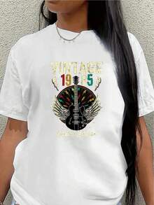 Camiseta de manga corta con diseño retro de ala de guitarra de edición limitada de 1985, adecuada para el ocio en casa o para salir a cenar, ligera y duradera, un artículo imprescindible para los amantes de la música.blusas para mujer>ropa - Blanco - Ver 7
