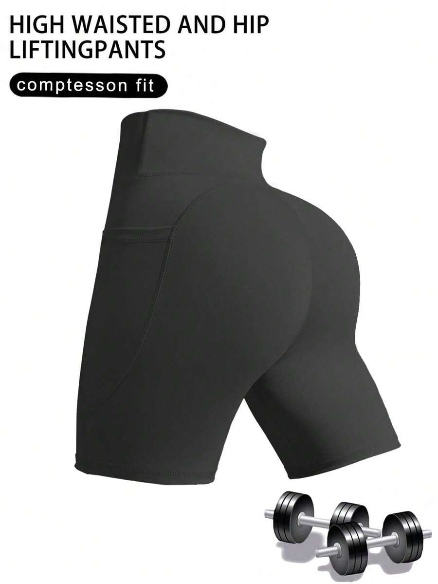 Große Größen "Niedliches Kaffee-Date" High-Waist-Shorts - Bauchkontrolle, Vintage-Fitness-Shorts mit Taschen - Po-Anhebung, geeignet für Laufen/Yoga-Sport - Dunkelgrau - Übersicht 1