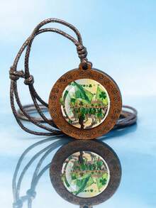 1PC Four Leaf Clover Patterned Dome Glass Inlaid Wooden Pendant Necklace, Paired With Woven Rope Chain, Retro Texture Design, Suitable For Daily Wear Or As A Holiday Gift. - Chocolate Brown - View 11