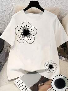 Women's Vintage T-Shirt With White Floral Print - A Short Sleeve Crew Neck T-Shirt With A Large White Floral Design, Casual And Loose Style - Unisex Cotton Short Sleeve Crew Neck T-Shirt In Urban Vintage Style. - 白色 - 查看 4