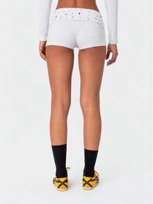 Womens Studded Fold Over Waist Shorts Y2k Low Waist Rivet Micro Shorts Slim Fit Boyshorts Goth Rave Costumes Mini Bottoms Casual Stylish Rivet Design Hot Pants Streetwear Party Clubwear - F619-灰色 - 查看 10