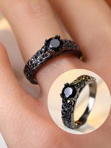 1 Stück neuer Cut Out Blumenmuster Schwarzer Ring, Nischen Dunkel Stil Schwarz Beschichteter Personalisierter Ring, Unisex Schmuck - Ring - Übersicht 5