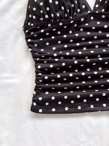 Camiseta de mujer elegante para vacaciones de tela de punto con estampado de lunares, tirantes retorcidos y fruncido, ajuste ceñido, adecuada para vacaciones, citas, té de la tarde, playa, crucero, viaje a la ciudad, vacaciones en la isla, festival de música, vacaciones bohemias, se puede usar por dentro o por fuera.Blusa linda con lunares, top sexy de verano, top de lunares - Multicolor 8 - Ver 3