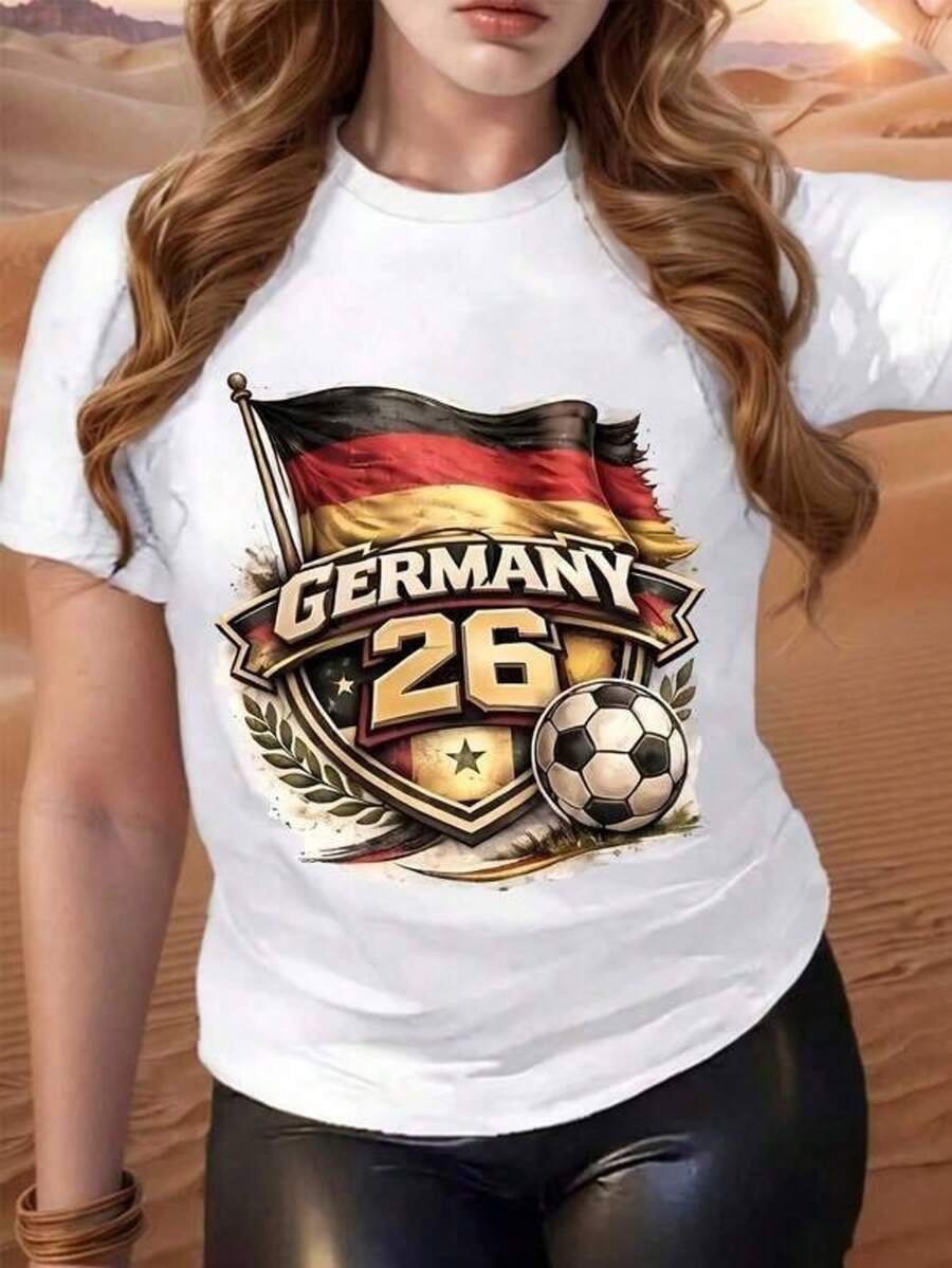 Women's Short Sleeve Crew Neck T-Shirt With Football Print Featuring The German Flag And Emblem 26 (Sizes S-3XL). Fashionable, Comfortable, Breathable, And Machine Washable. - 白色 - 查看 1