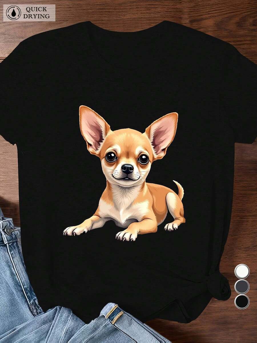 2026Camiseta de Manga Corta con Estampado de Chihuahua para Mujer Talla Grande - Algodón Suave, Cuello Redondo, Estilo Casual, Lavable a Máquina, Ligera y Ajuste Cómodo2026 - Negro - Ver 1