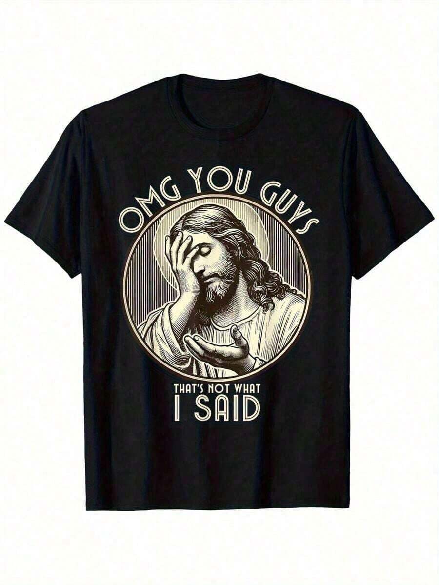 1 pieza "OMG, chicos, eso no es lo que dije" Camiseta gráfica divertida para hombres |     100% Algodón, Suave, Transpirable, Cuello Redondo, Manga Corta |     Perfecto para uso diario, actividades al aire libre y viajes. |     Casual, cómodo, ajuste para todo el día, 180g, 100% algodón. - Negro - Ver 1
