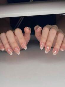 30pcs Almond-Shaped Ombre White French Nail Stickers, Acrylic False Nails Set, Includes 1pc Jelly Gel And 1pc Nail File - Multicolor - View 8