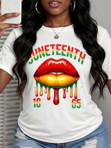 Camiseta de manga corta para mujer Juneteenth con estampado de labios coloridos y 1865 para eventos de celebración - Blanco - Ver 1